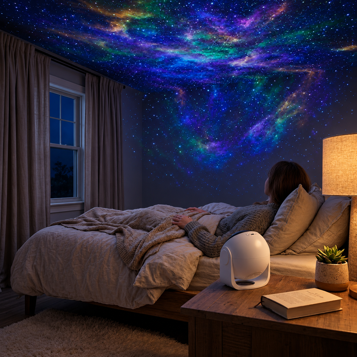A person lying in bed in a cozy bedroom, looking up at a ceiling and wall covered in a vivid galaxy starry sky projection. The room includes beige curtains, a wooden nightstand with a lamp, a white device, a book, and a small potted succulent.